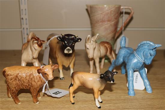 A Beswick Jersey bull, CH Dunsley Coy Boy, model No. 1422, a Jersey calf, a Highland calf and four Sylvac items,